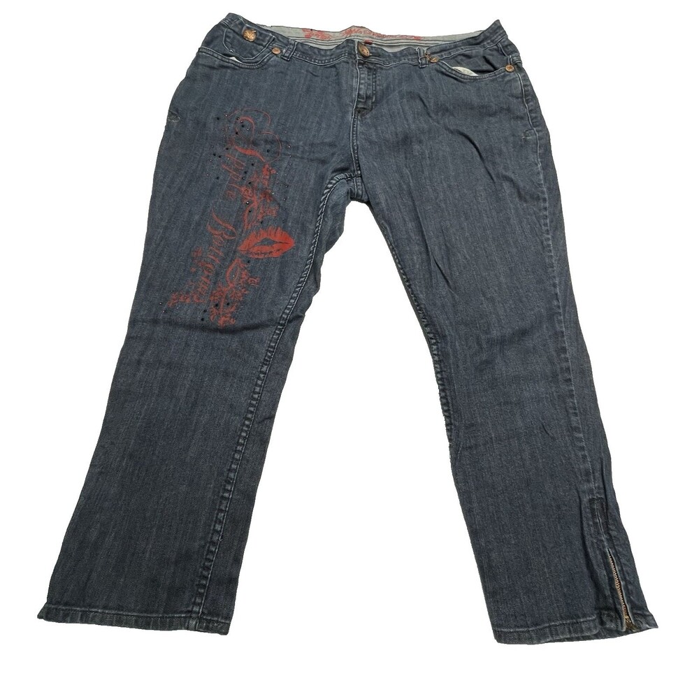 Vintage Apple Bottoms Jeans Red Lips Rhinestone Embellished Y2K Women's Size 20